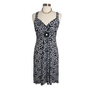 Womens Sleeveless Midi Dress 12 Black & White Geometric Beaded Accent Stretch
